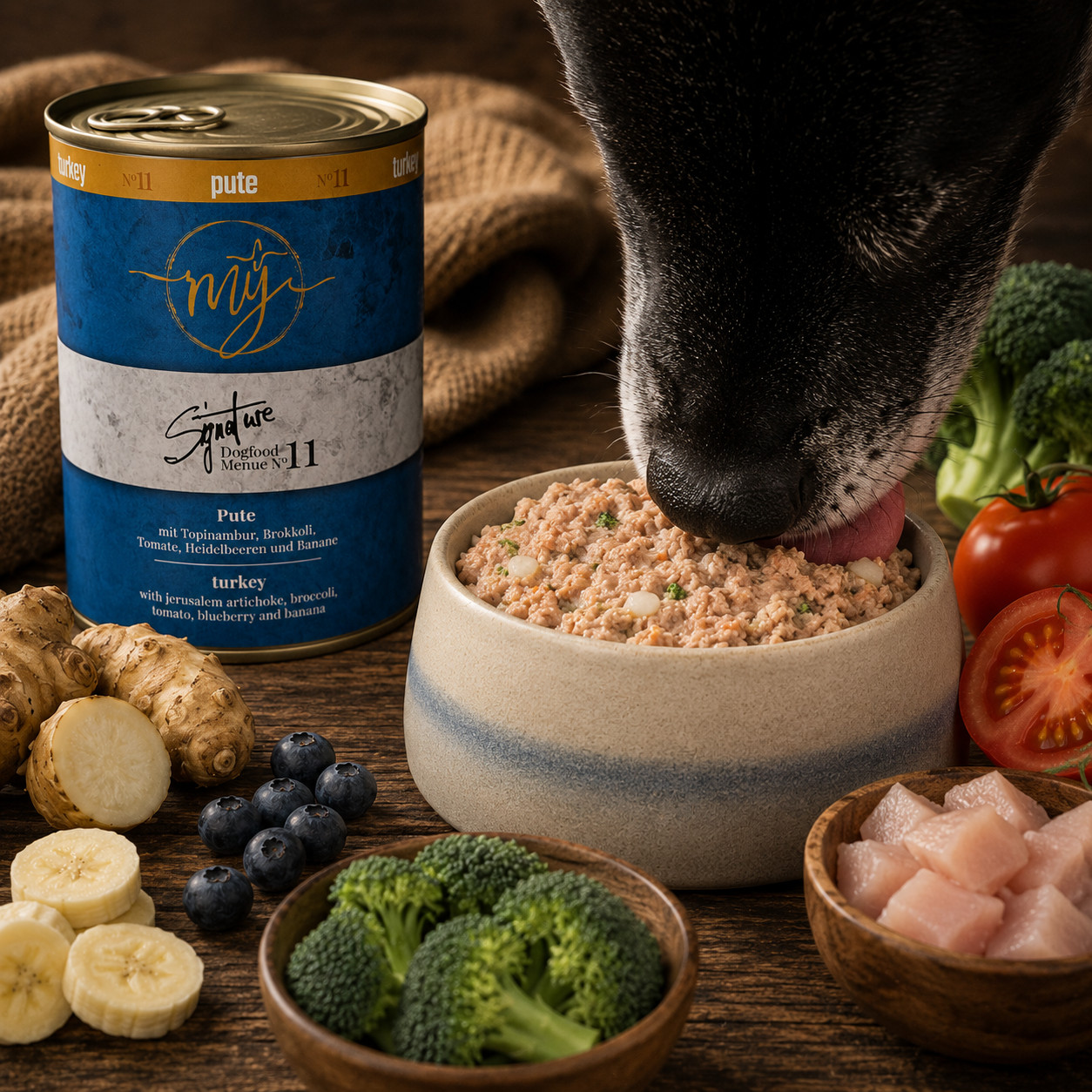 Hund frisst Nassfutter aus einem Napf neben der Dose mÿ Signature Menü No. 11 Pute