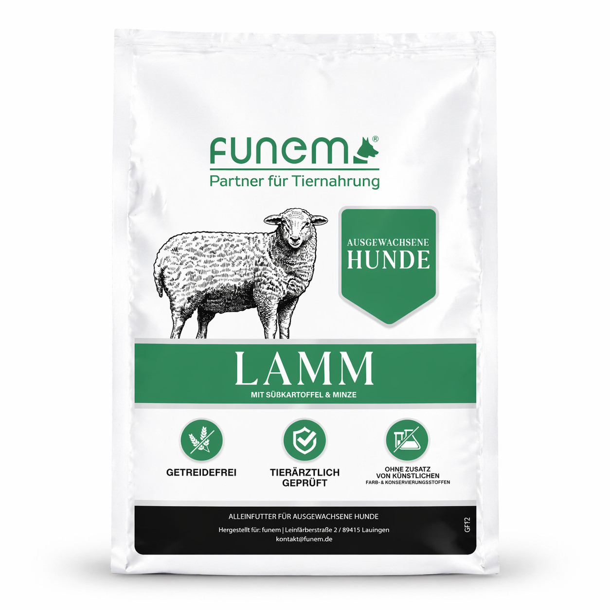 Trockenfutter Lamm mit Süßkartoffel und Minze für ausgewachsene Hunde von funem