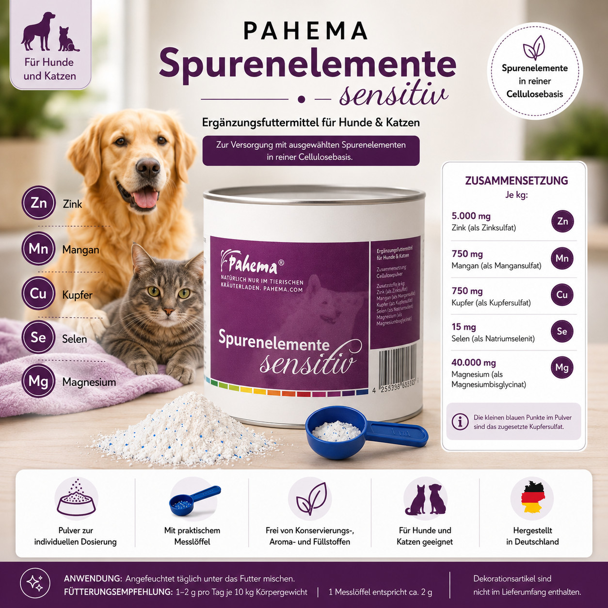 Infografik zu PAHEMA Spurenelemente Sensitiv mit Spurenelementen für Hunde und Katzen