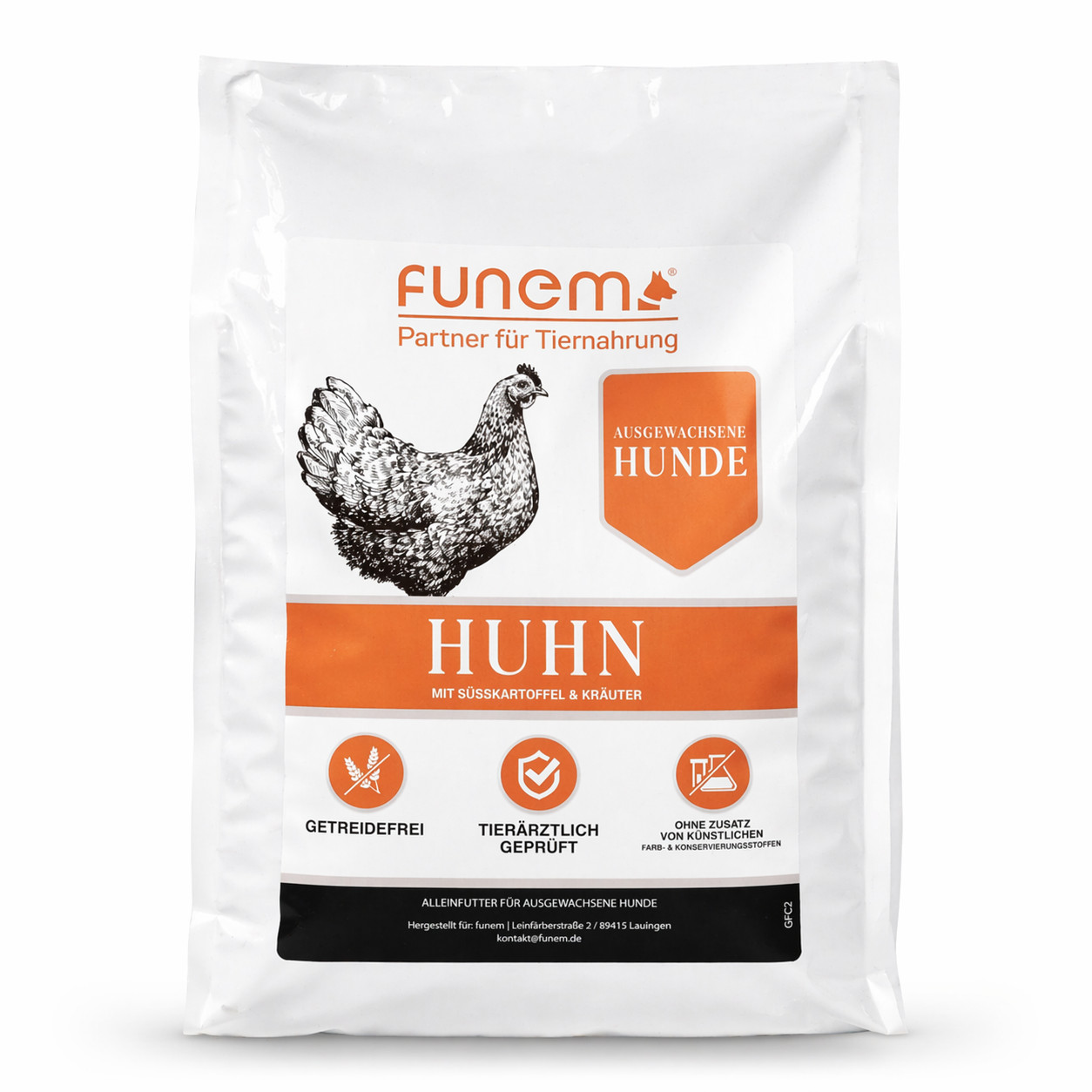 Trockenfutter Huhn mit Süßkartoffel und Kräutern für ausgewachsene Hunde von funem