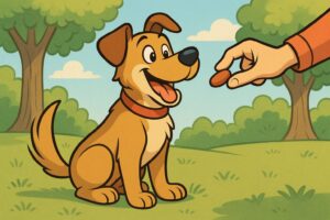 Leckerlis für Hunde – Comic-Hund erhält ein Leckerli als Zeichen von Vertrauen.