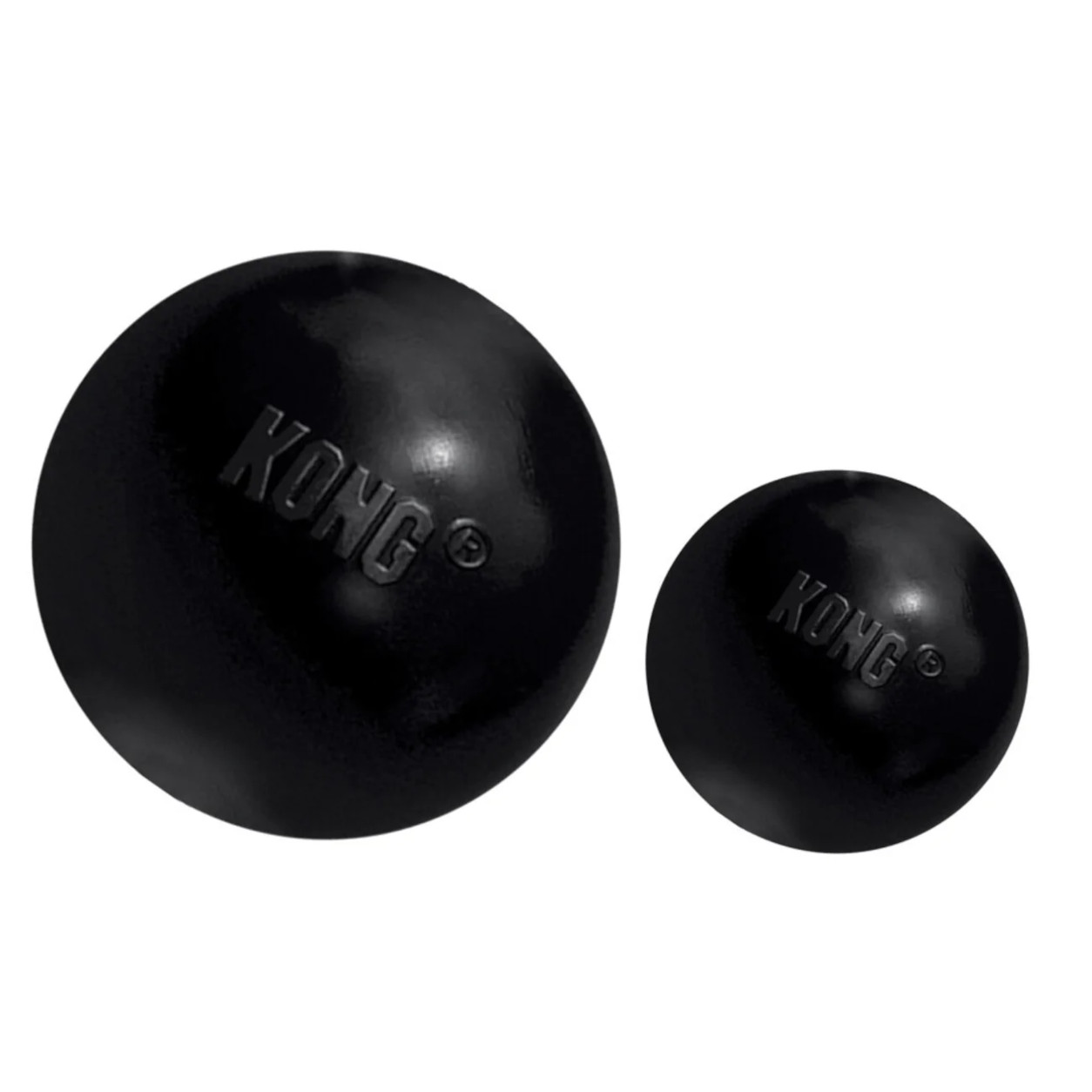 Größenvergleich der schwarzen KONG Ball Extreme Hundebälle in S und M/L
