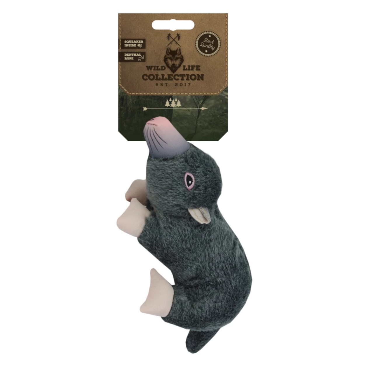 Wild Life Dog Maulwurf aus dunkelgrauem Plüsch mit Verpackung der Wild Life Collection