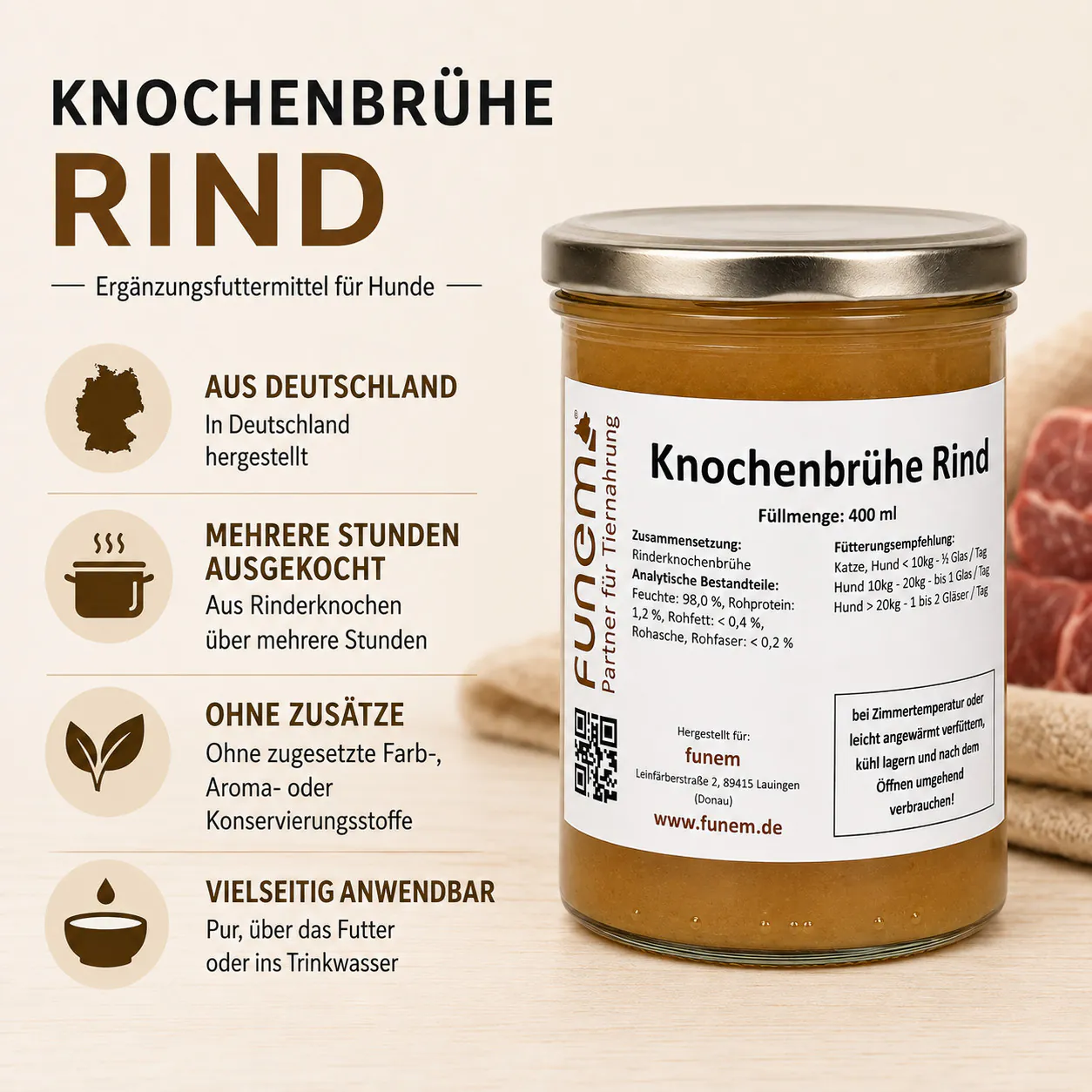 Informationsbild über Zusammensetzung, Herstellung und Anwendung der Knochenbrühe Rind