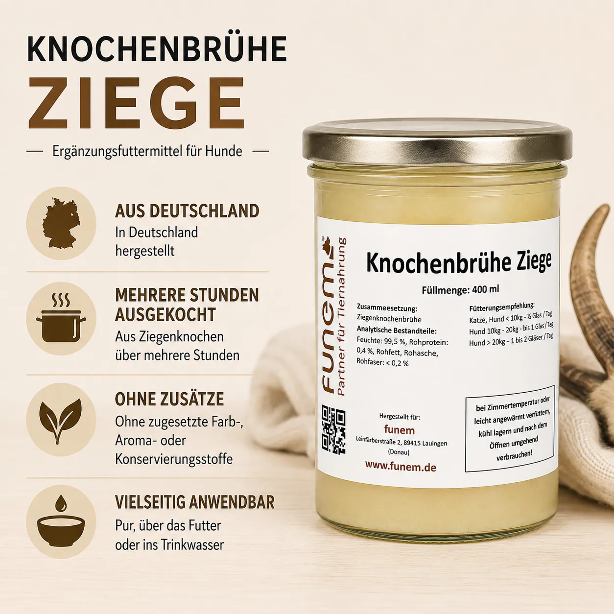 Informationsbild über Zusammensetzung, Herstellung und Anwendung der Knochenbrühe Ziege