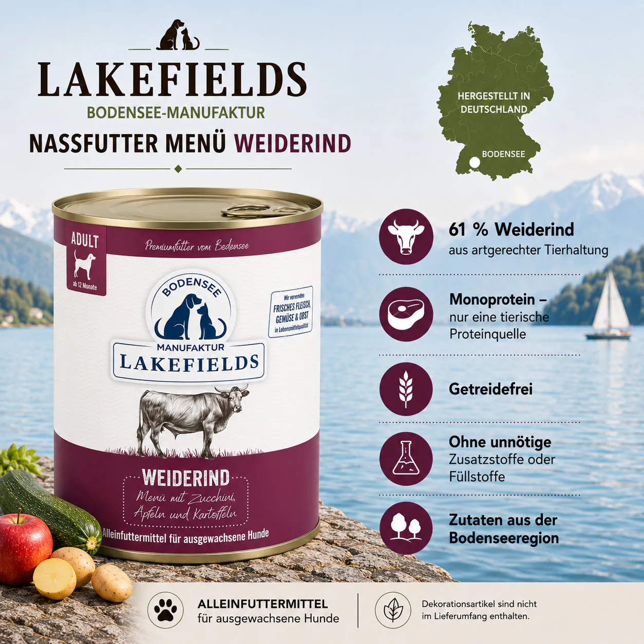 Lakefields Nassfutter Menü Rind mit Informationen zu Rindfleisch, Monoprotein und getreidefreier Rezeptur