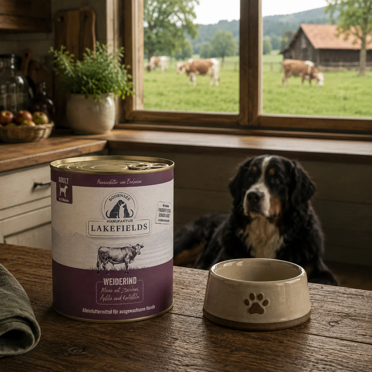 Dose Lakefields Nassfutter Menü Rind auf einem Tisch neben Futternapf und Hund
