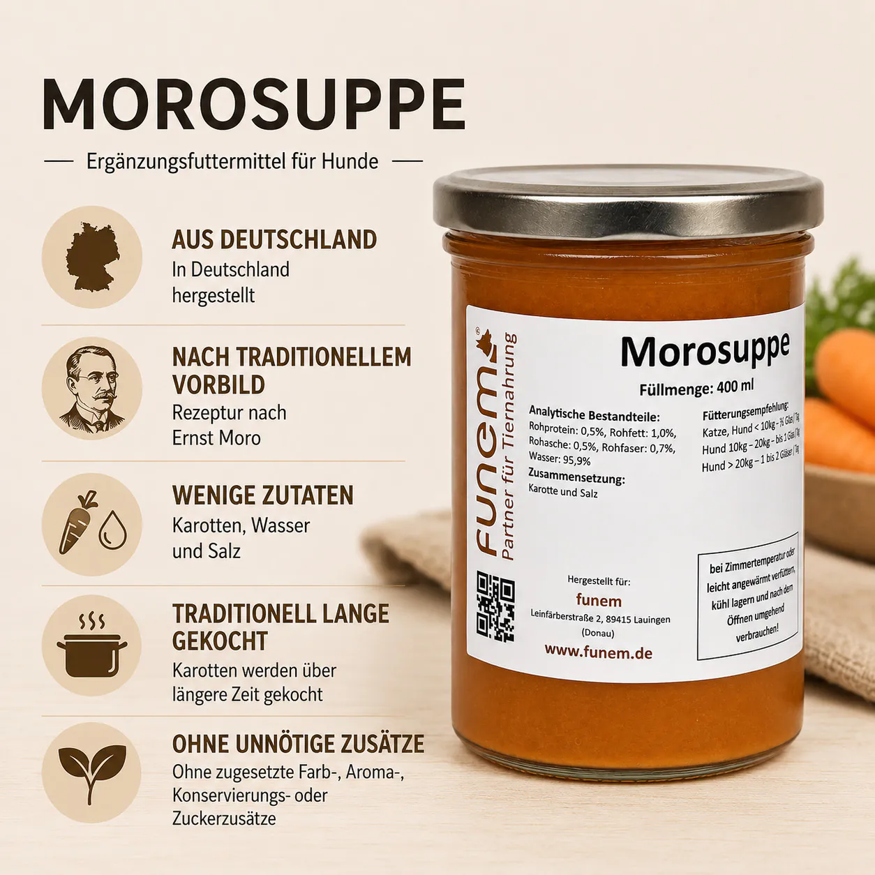 Informationsbild über Zutaten, traditionelle Herstellung und Anwendung der Morosuppe