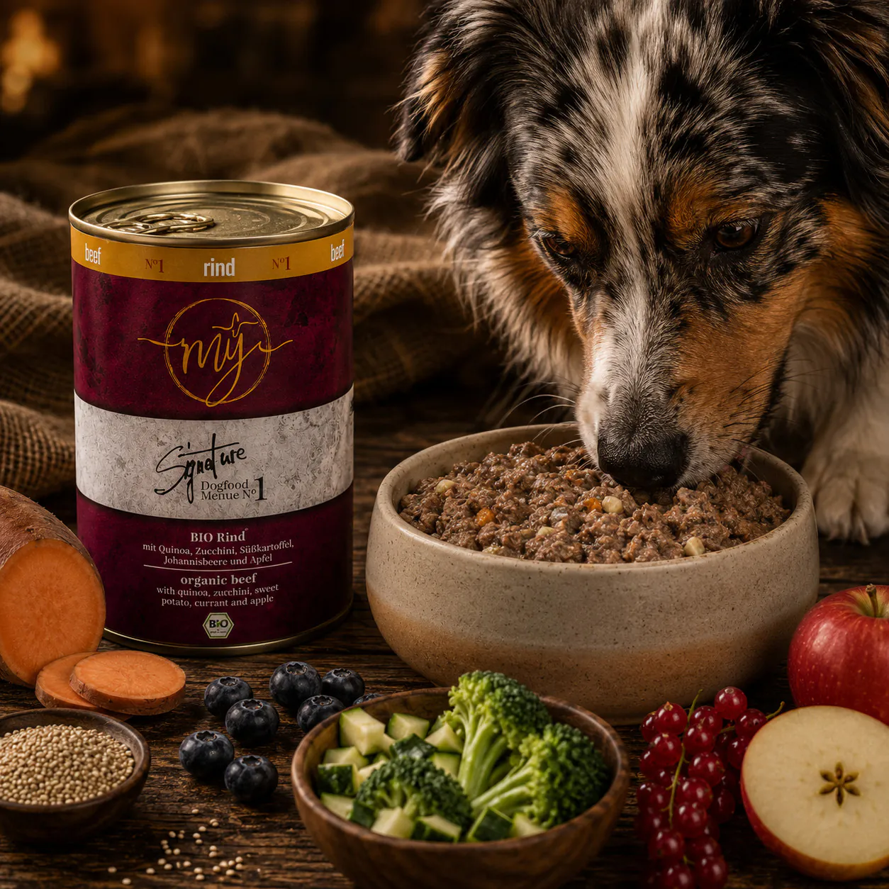 Hund neben my Signature Menü No. 1 Rind beim Fressen