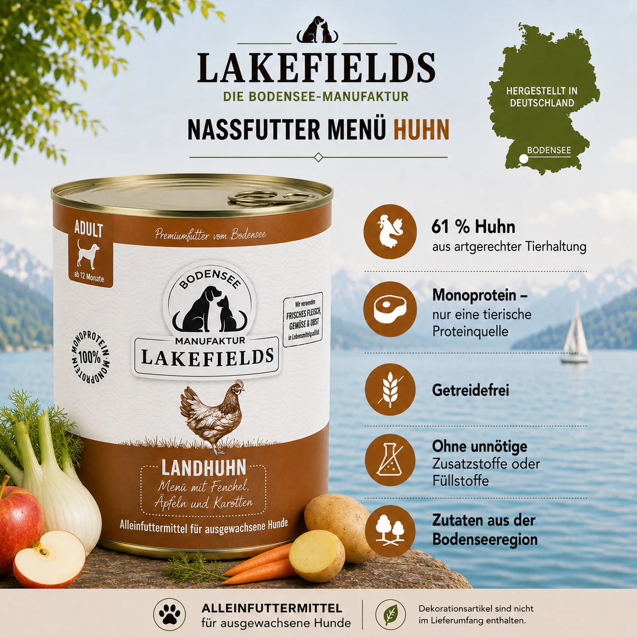 Lakefields Nassfutter Menü Huhn mit Informationen zu Hühnerfleisch, Monoprotein und getreidefreier Rezeptur
