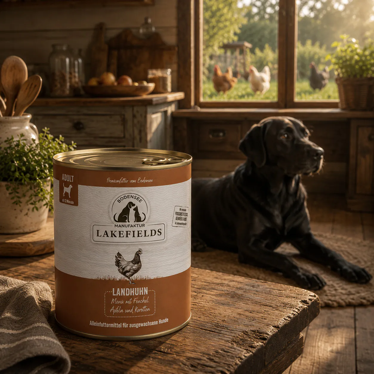 Dose Lakefields Nassfutter Menü Huhn auf einem Tisch neben Hund