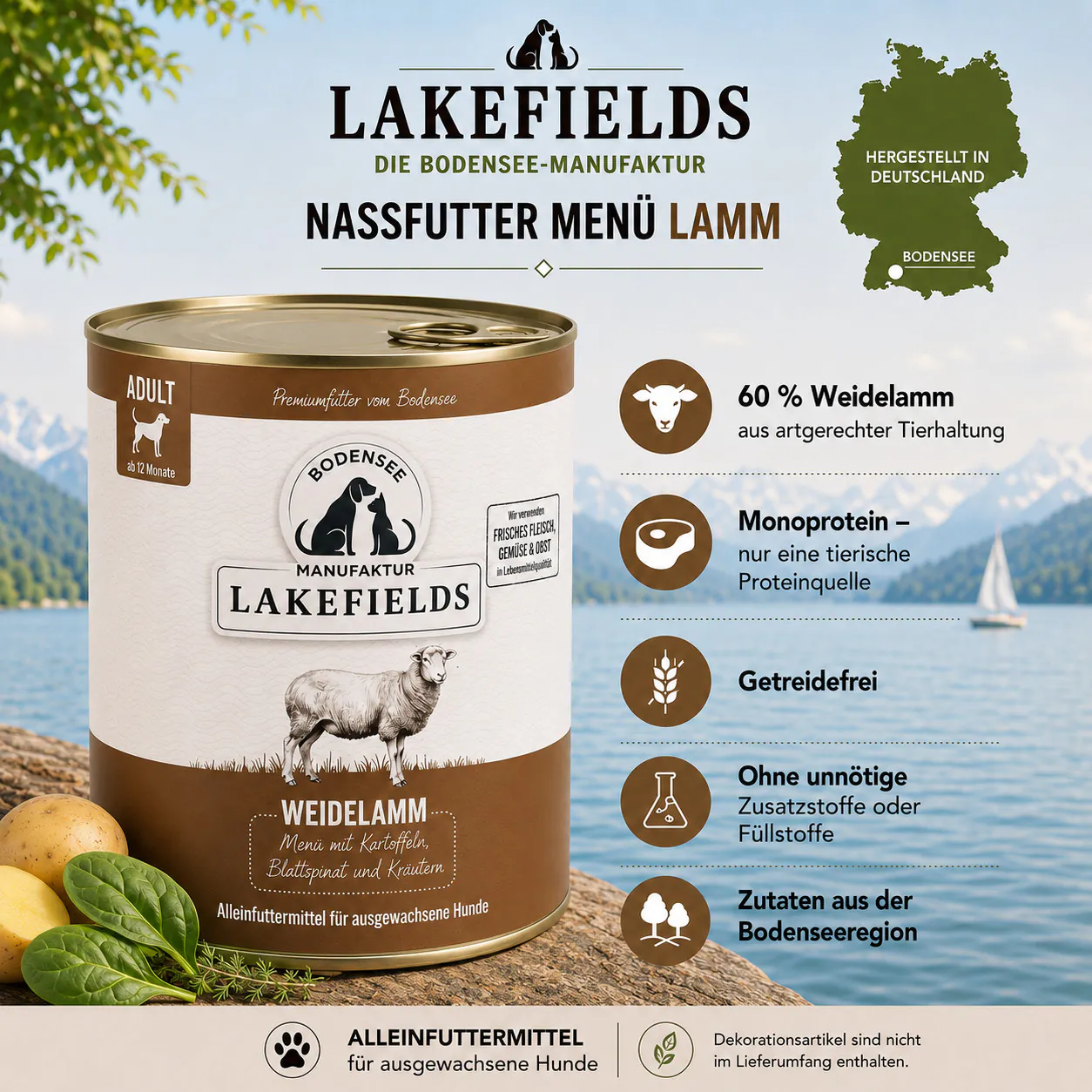 Lakefields Nassfutter Menü Lamm mit Informationen zu Lammfleisch, Monoprotein und Getreidefreiheit