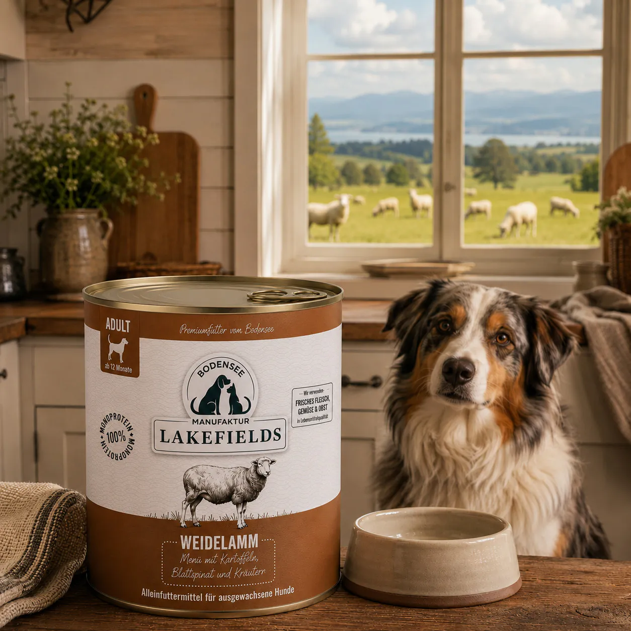 Dose Lakefields Nassfutter Menü Lamm auf einem Tisch neben Futternapf und Hund