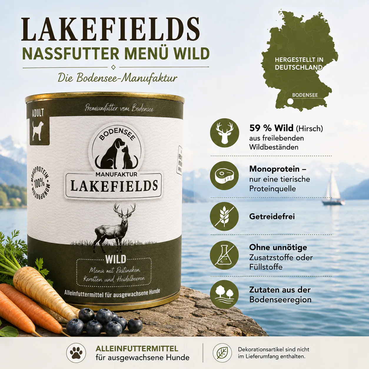 Lakefields Nassfutter Menü Wild mit Informationen zu Wildfleisch, Monoprotein und Getreidefreiheit