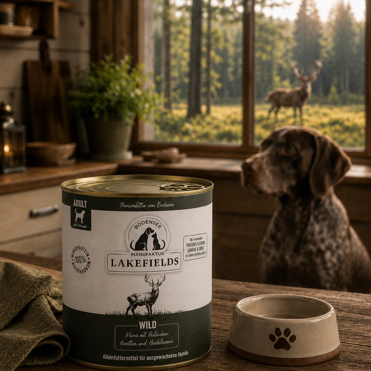 Dose Lakefields Nassfutter Menü Wild auf einem Tisch neben Futternapf und Hund