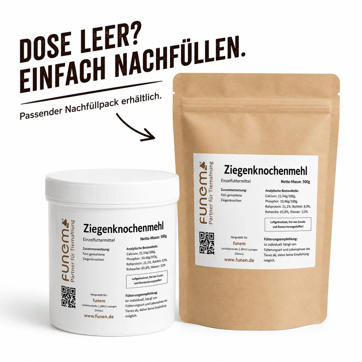 Ziegenknochenmehl von funem in der Vorratsdose mit passendem Nachfüllpack