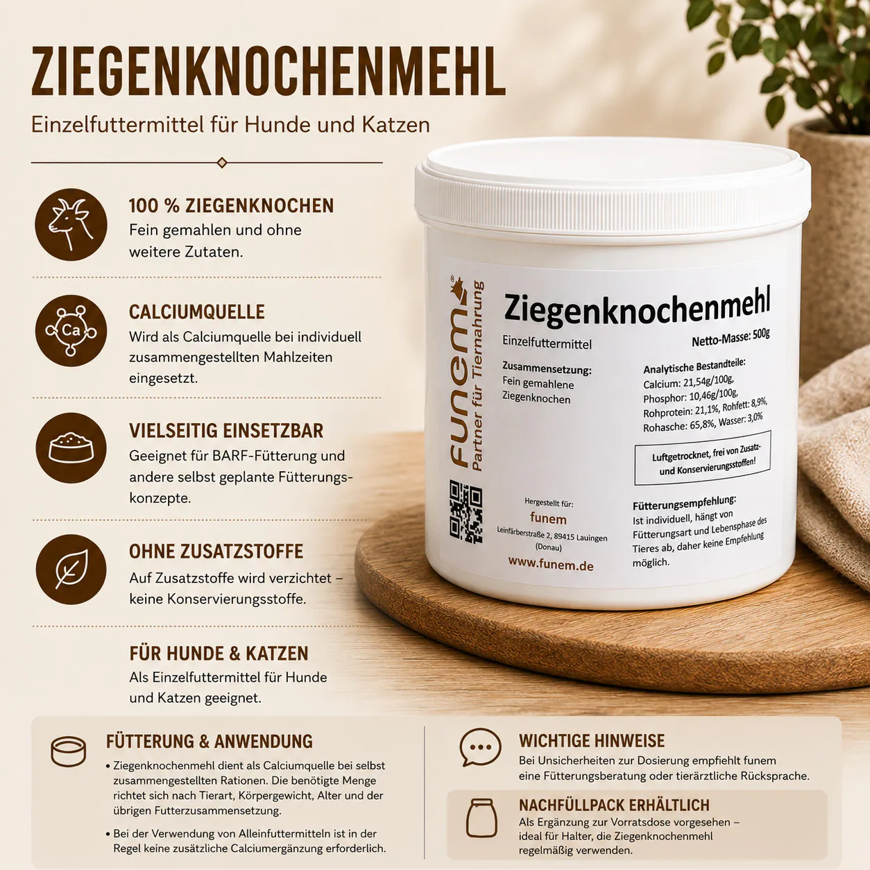 Ziegenknochenmehl von funem mit Informationen zu Zusammensetzung und Verwendung als Calciumquelle