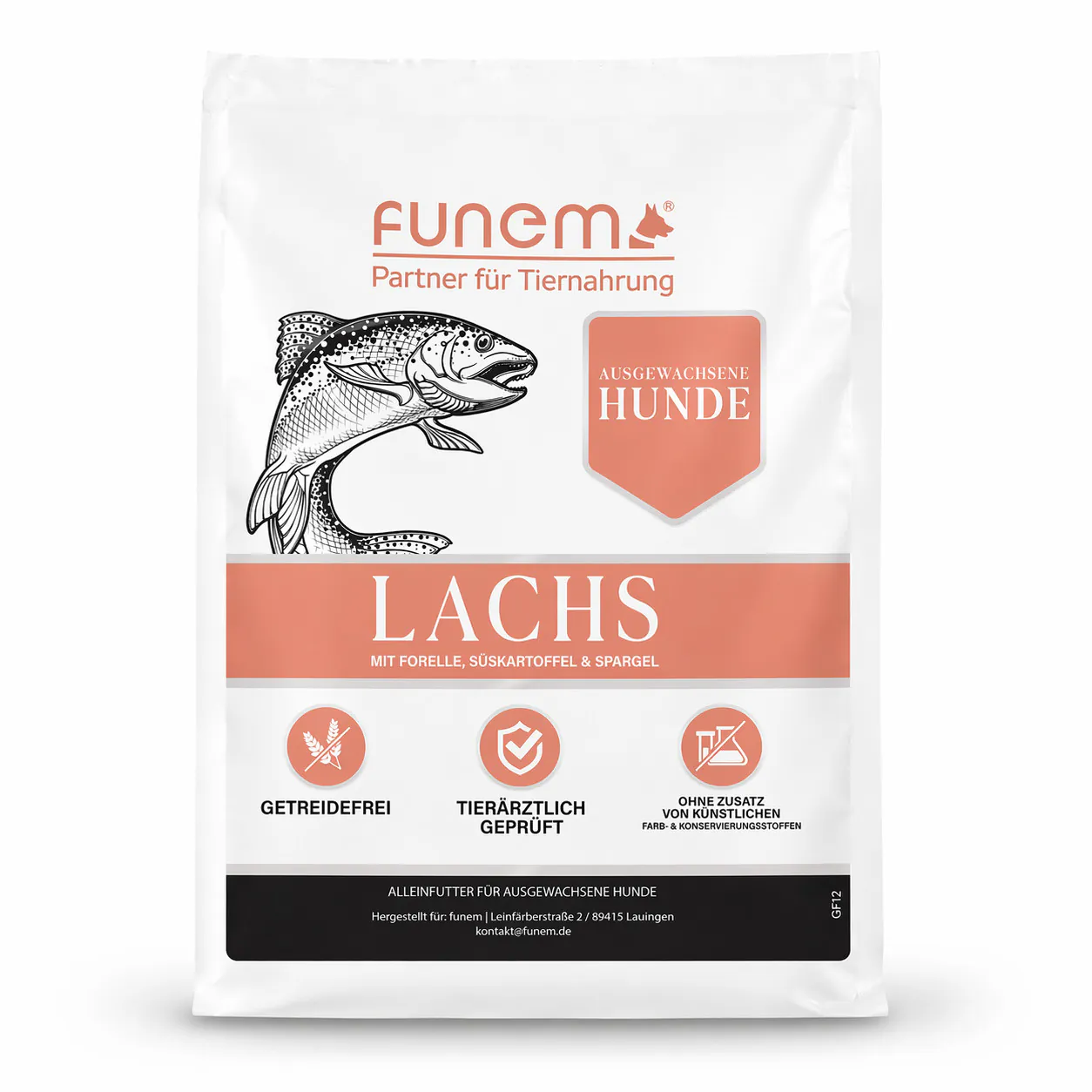 Adult Trockenfutter Lachs mit Forelle Süßkartoffel und Spargel für ausgewachsene Hunde von funem