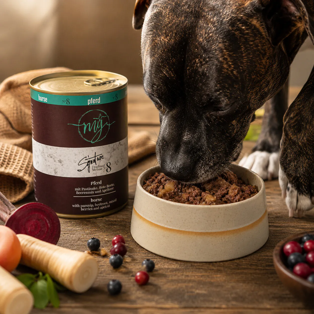 Hund frisst Nassfutter aus Napf neben my Signature Menü No. 8 Pferd