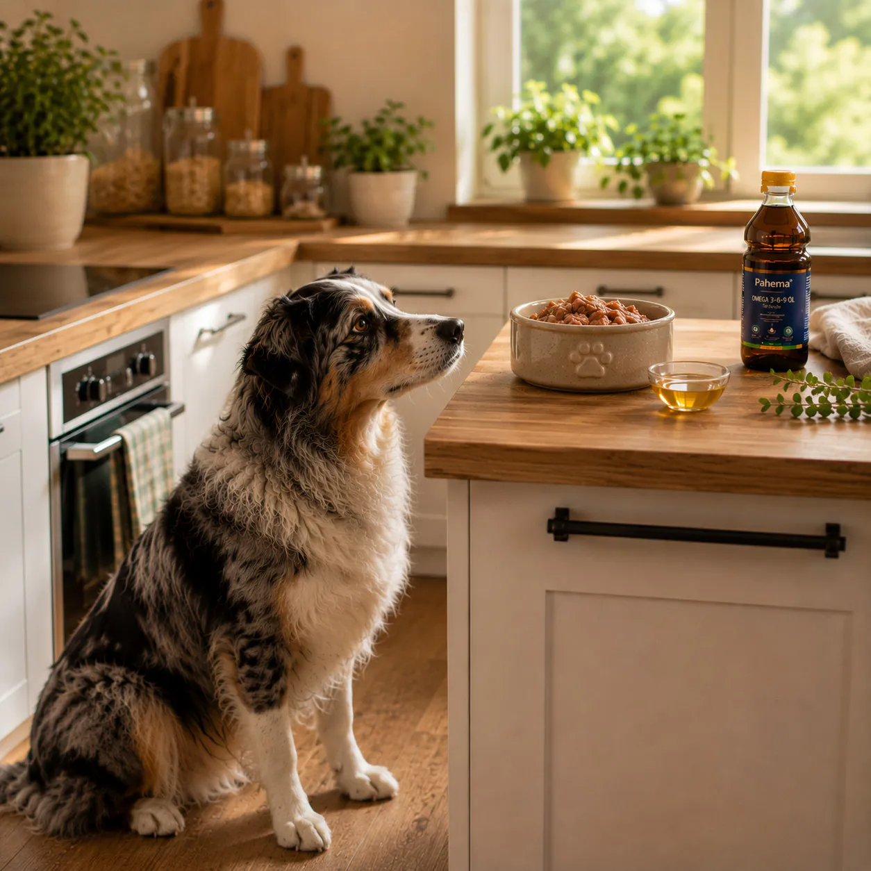 Hund vor Futternapf mit PAHEMA Omega 3 6 9 Öl in der Küche