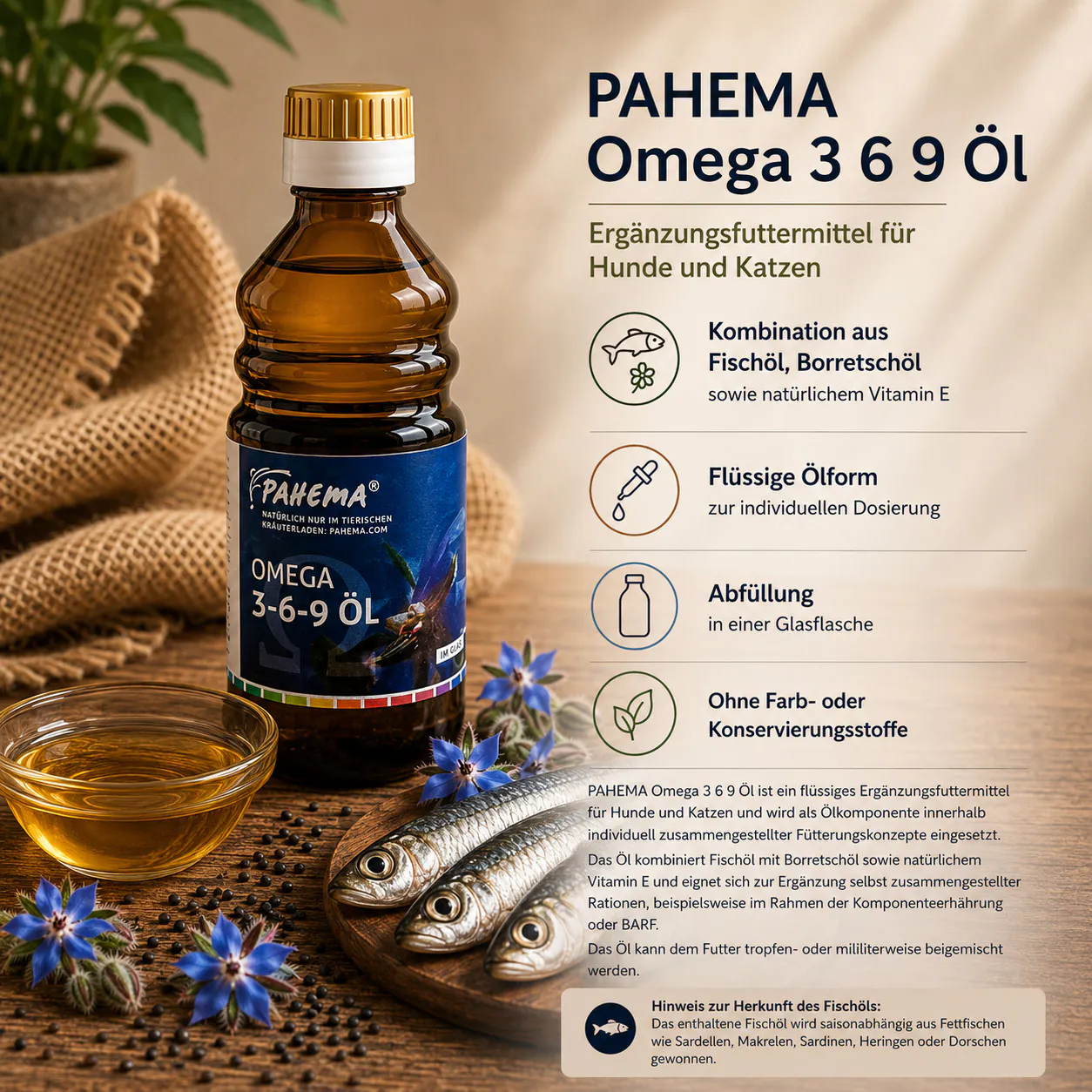 Infografik zu PAHEMA Omega 3 6 9 Öl mit Produktinformationen