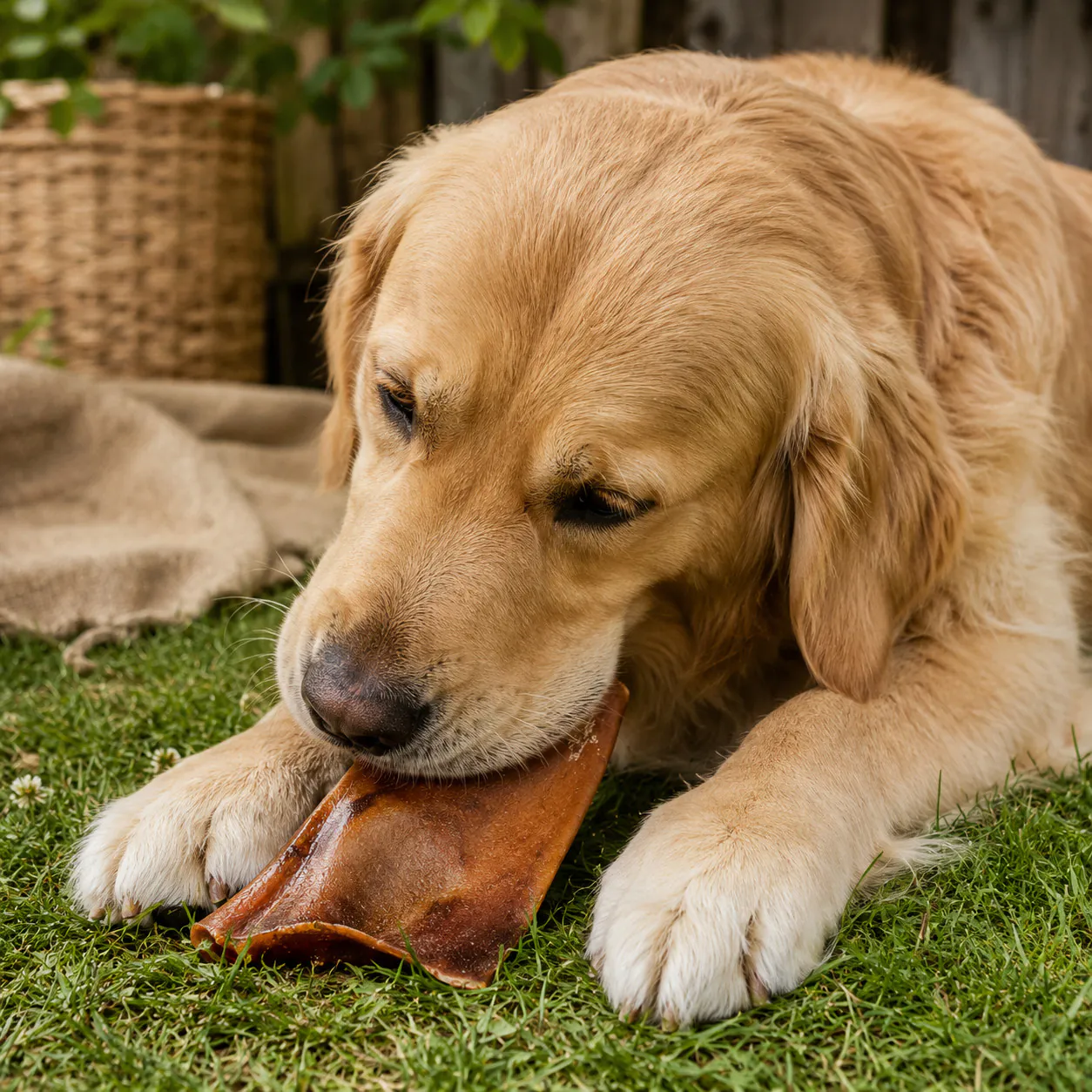 Hund kaut auf einer Pferdekopfhaut von funem