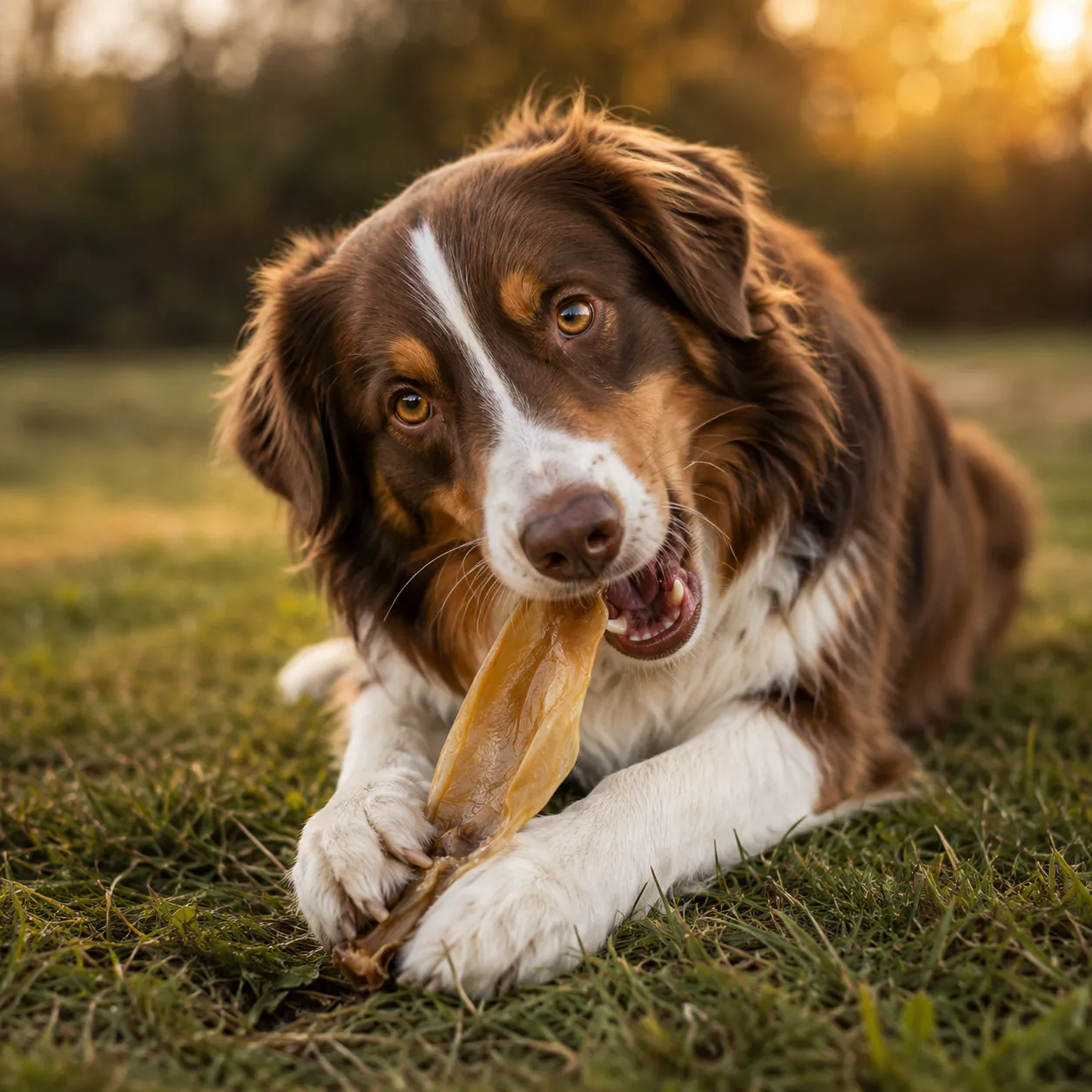 Hund kaut auf einem getrockneten Kaninchenohr ohne Fell von funem