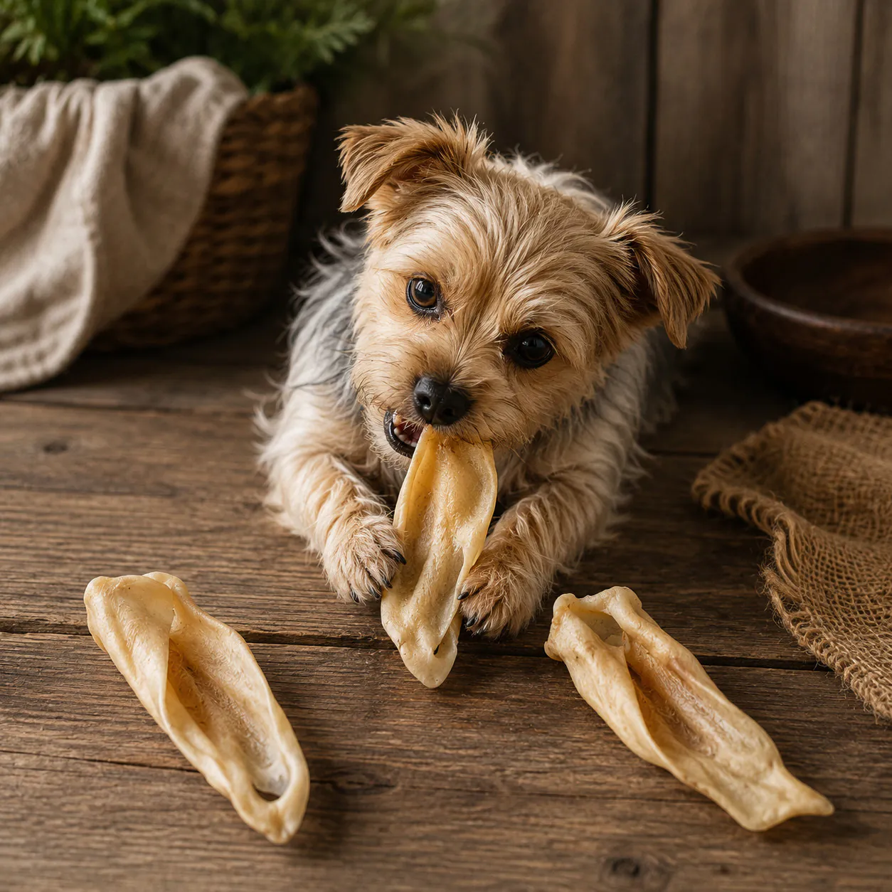 Kleiner Hund kaut auf einem funem Lammohr ohne Fell als natürlichem Kauartikel