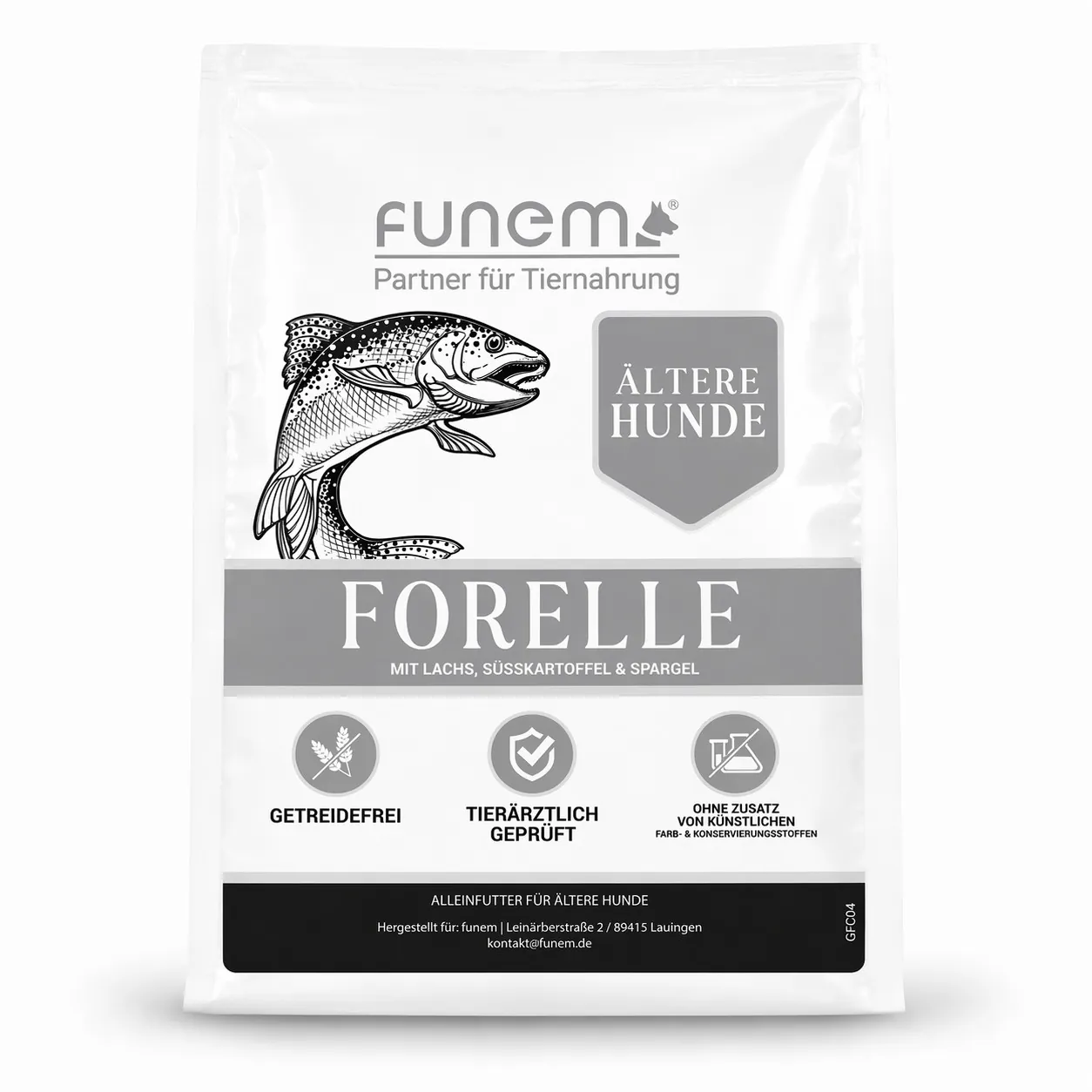 Trockenfutter Senior Forelle mit Lachs Süßkartoffel und Spargel für ältere Hunde von funem