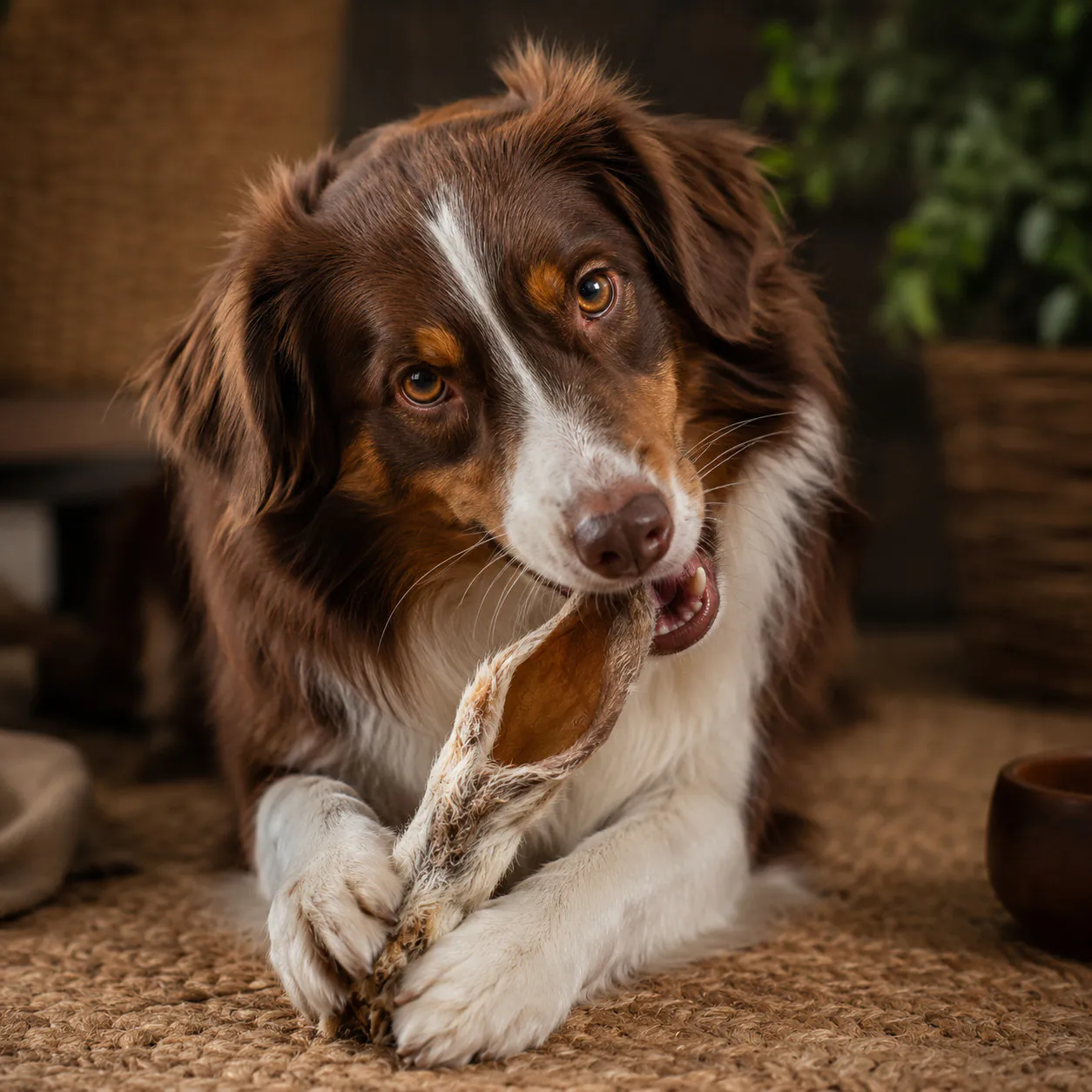 Hund kaut auf einem getrockneten Kaninchenohr mit Fell von funem