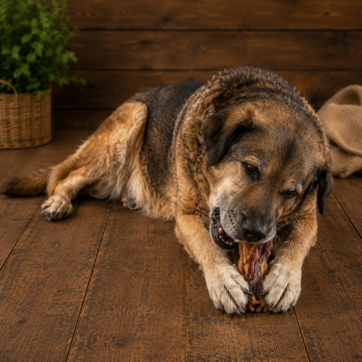 Hund kaut auf einer Pferdesehne von funem im Innenbereich