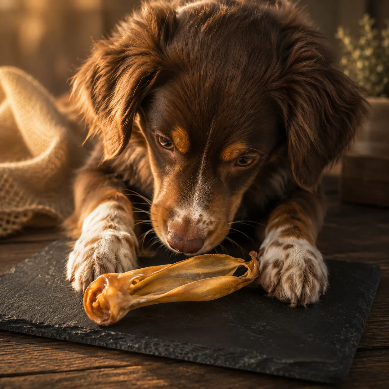 Junger Hund betrachtet ein getrocknetes Rehohr ohne Fell von funem