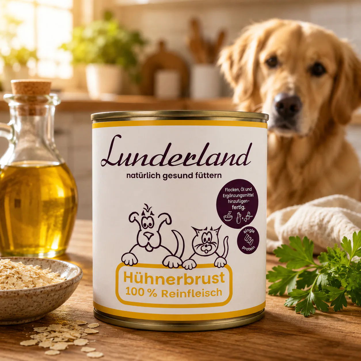 Lunderland Reinfleisch Dose Hühnerbrust mit Hund sowie Öl und Flocken