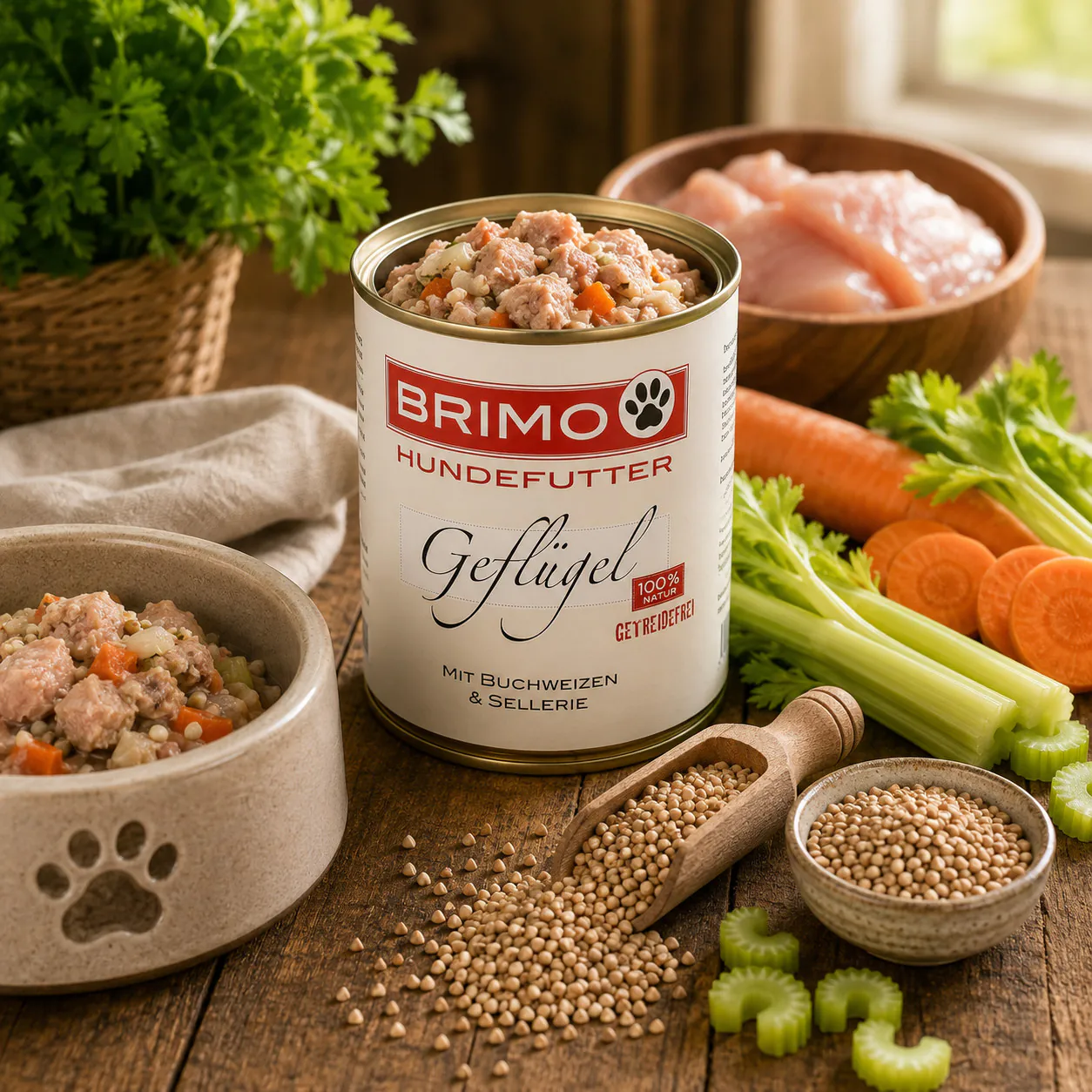 Geöffnete Dose Brimo Geflügel mit Buchweizen und Sellerie Nassfutter
