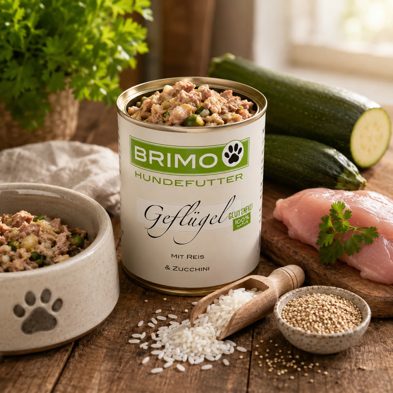 Geöffnete Dose Brimo Geflügel mit Reis und Zucchini Nassfutter