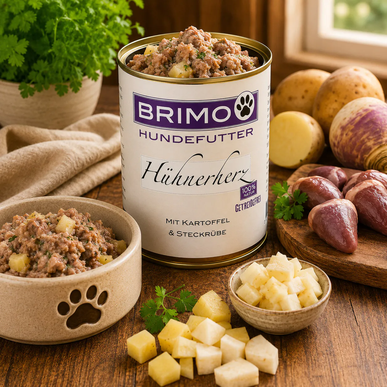 Geöffnete Dose Brimo Hühnerherz mit Kartoffel und Steckrübe Nassfutter