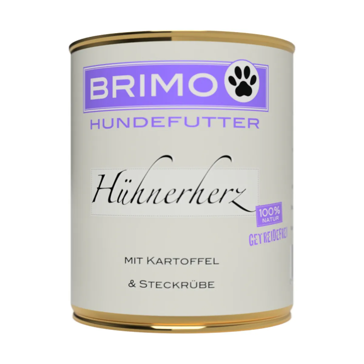 Geschlossene Dose Brimo Hühnerherz mit Kartoffel und Steckrübe Nassfutter