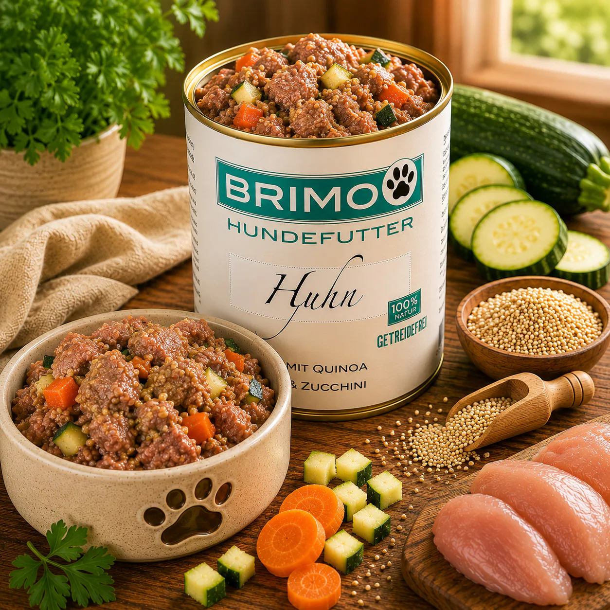 Geöffnete Dose Brimo Huhn mit Quinoa und Zucchini Nassfutter