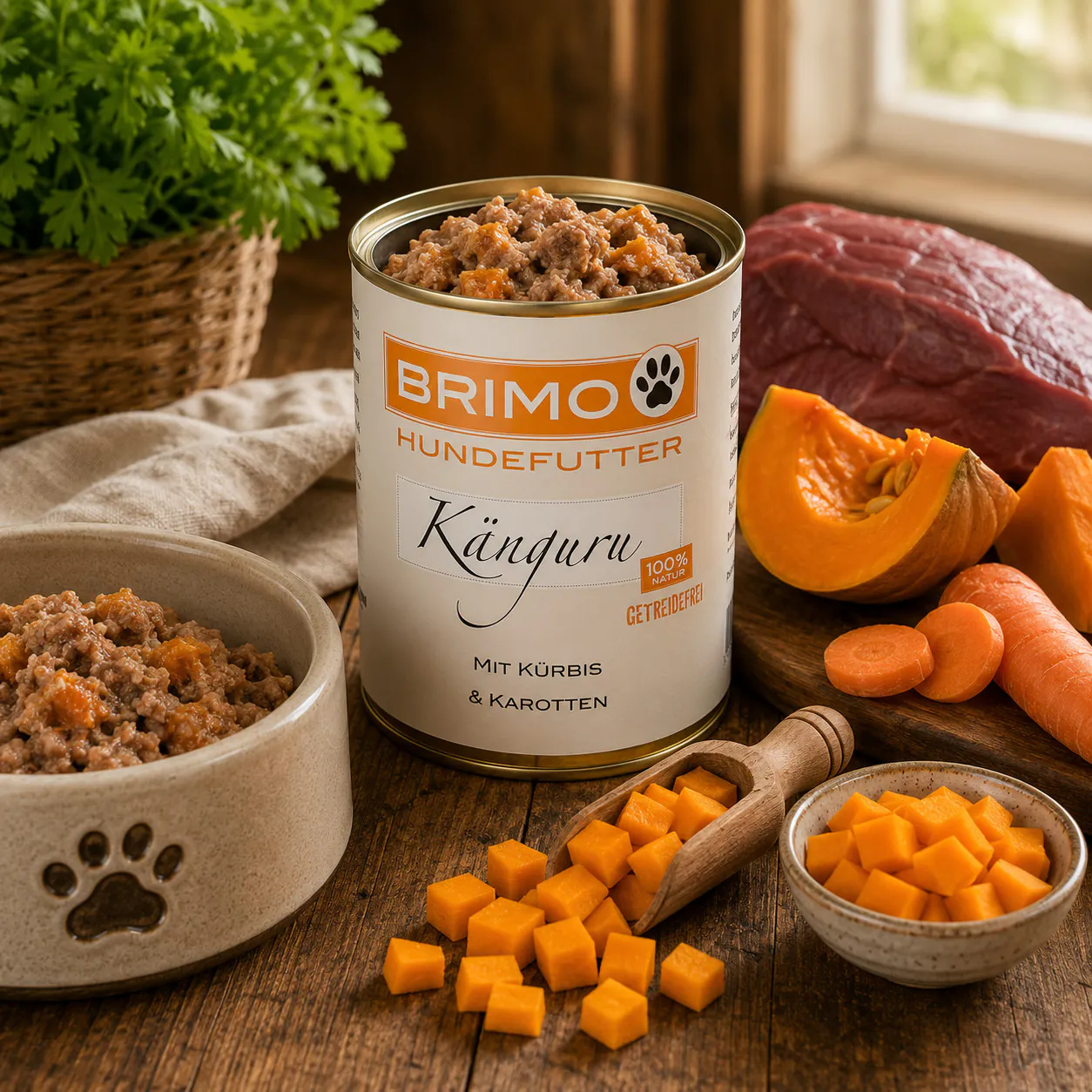 Geöffnete Dose Brimo Känguru mit Kürbis und Karotten Nassfutter