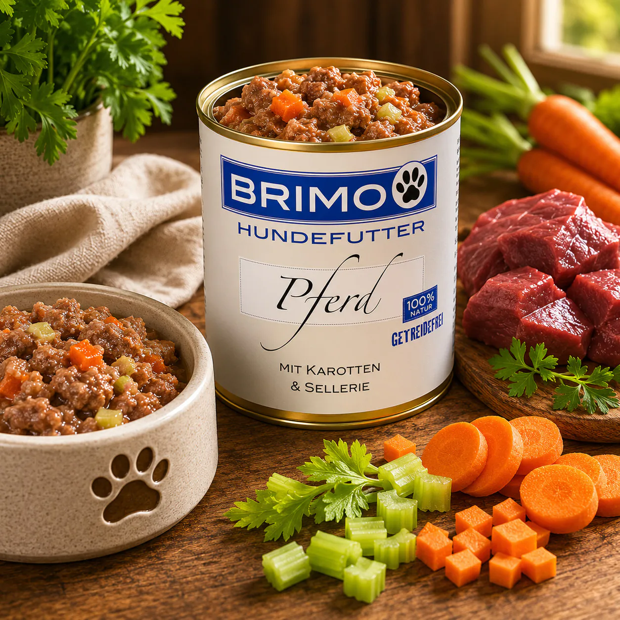 Geöffnete Dose Brimo Pferd mit Karotte und Sellerie Nassfutter