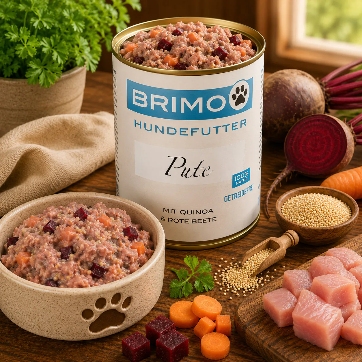 Geöffnete Dose Brimo Pute mit Quinoa und Rote Beete Nassfutter