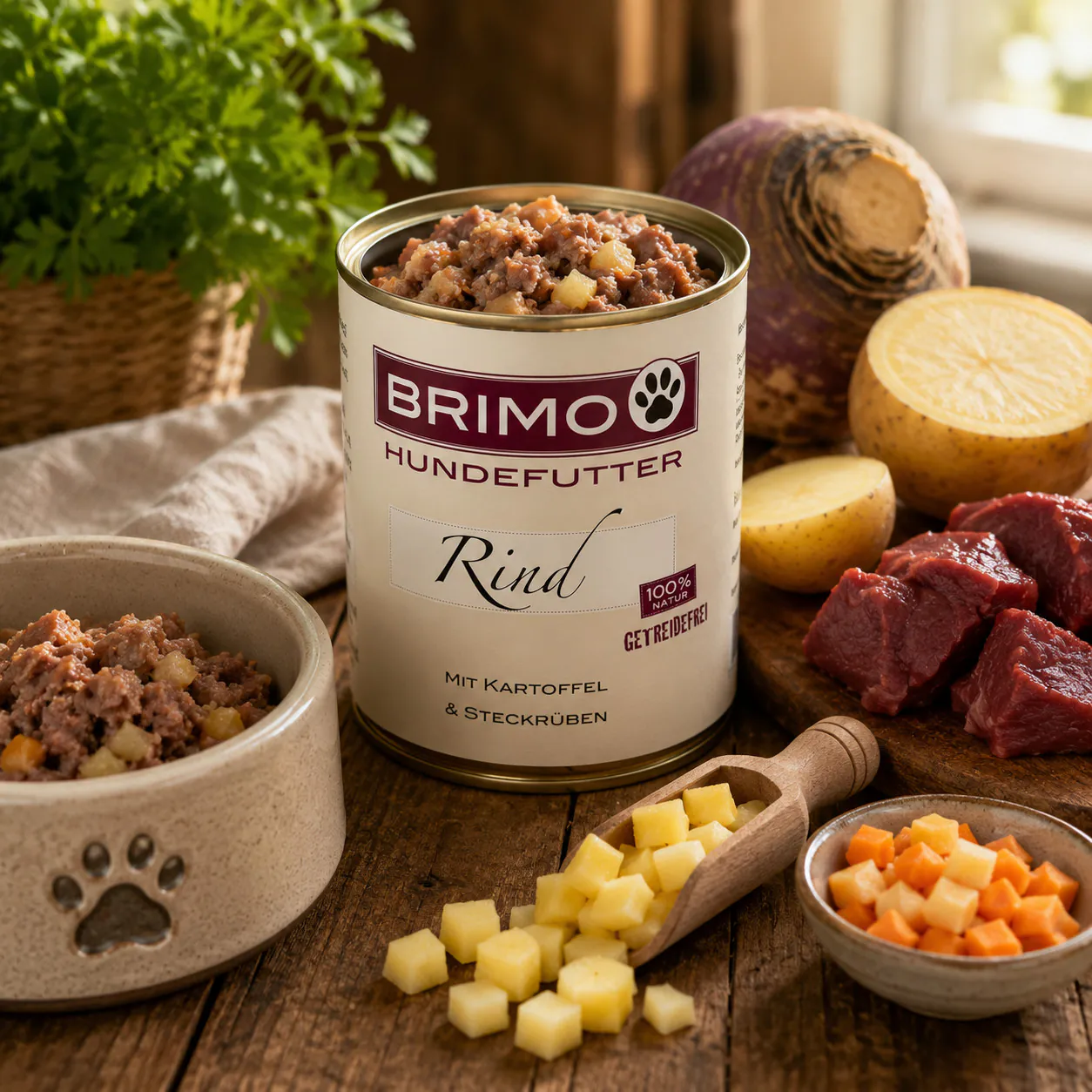 Geöffnete Dose Brimo Rind mit Kartoffel und Steckrüben Nassfutter