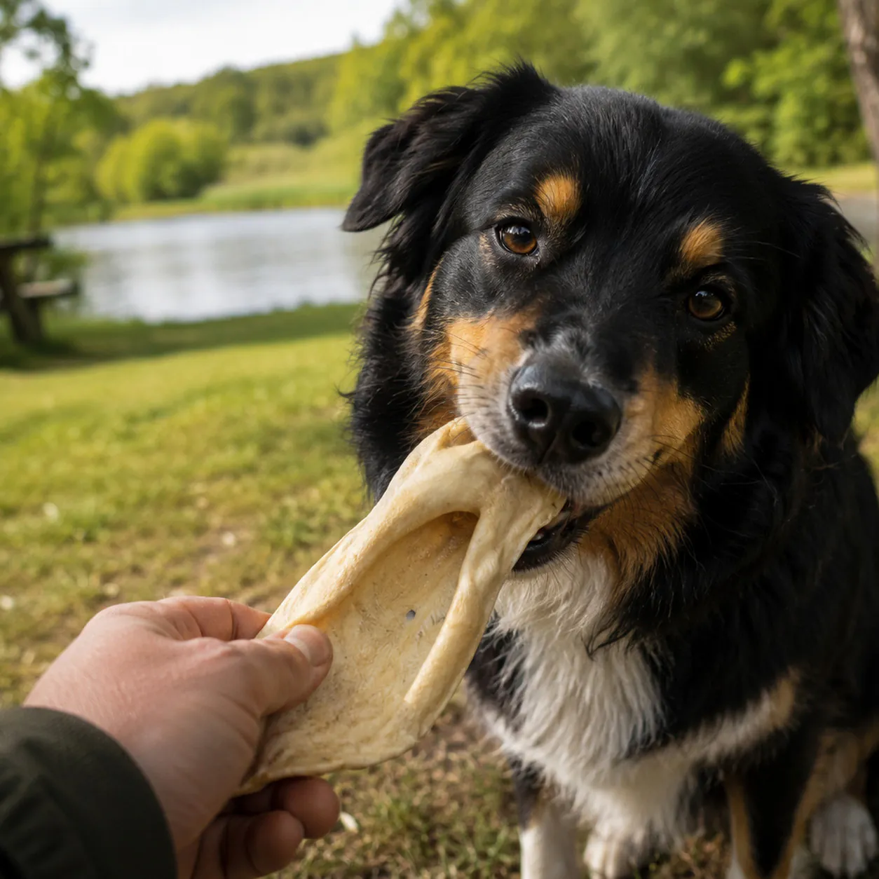 Hund kaut am Seeufer auf einem Ziegenohr ohne Fell von funem