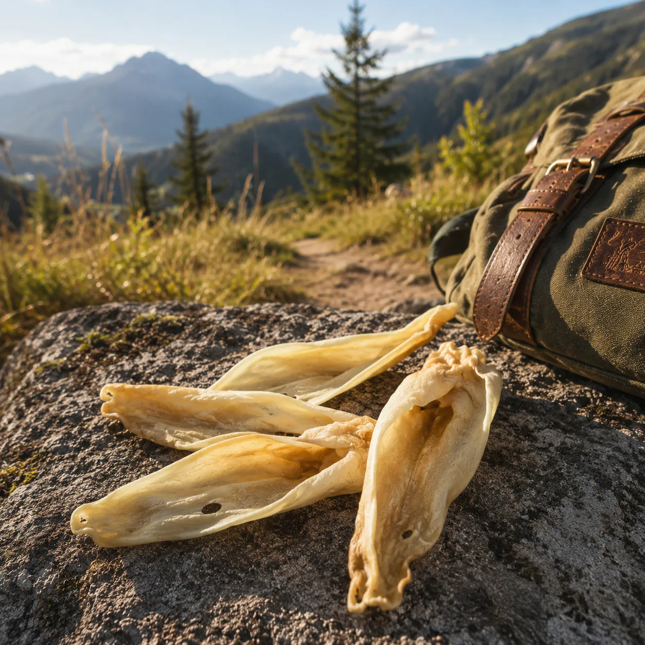 Mehrere Ziegenohren ohne Fell auf einem Felsen in Berglandschaft