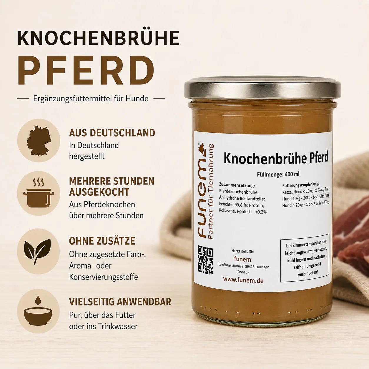 Informationsbild über Zusammensetzung, Herstellung und Anwendung der Knochenbrühe Pferd