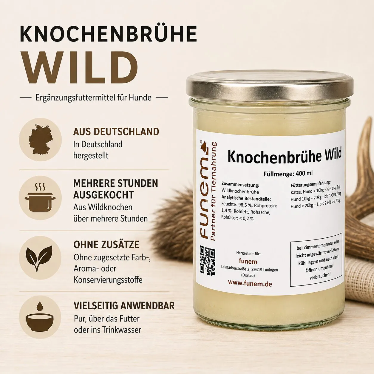 Informationsbild über Zusammensetzung, Herstellung und Anwendung der Knochenbrühe Wild