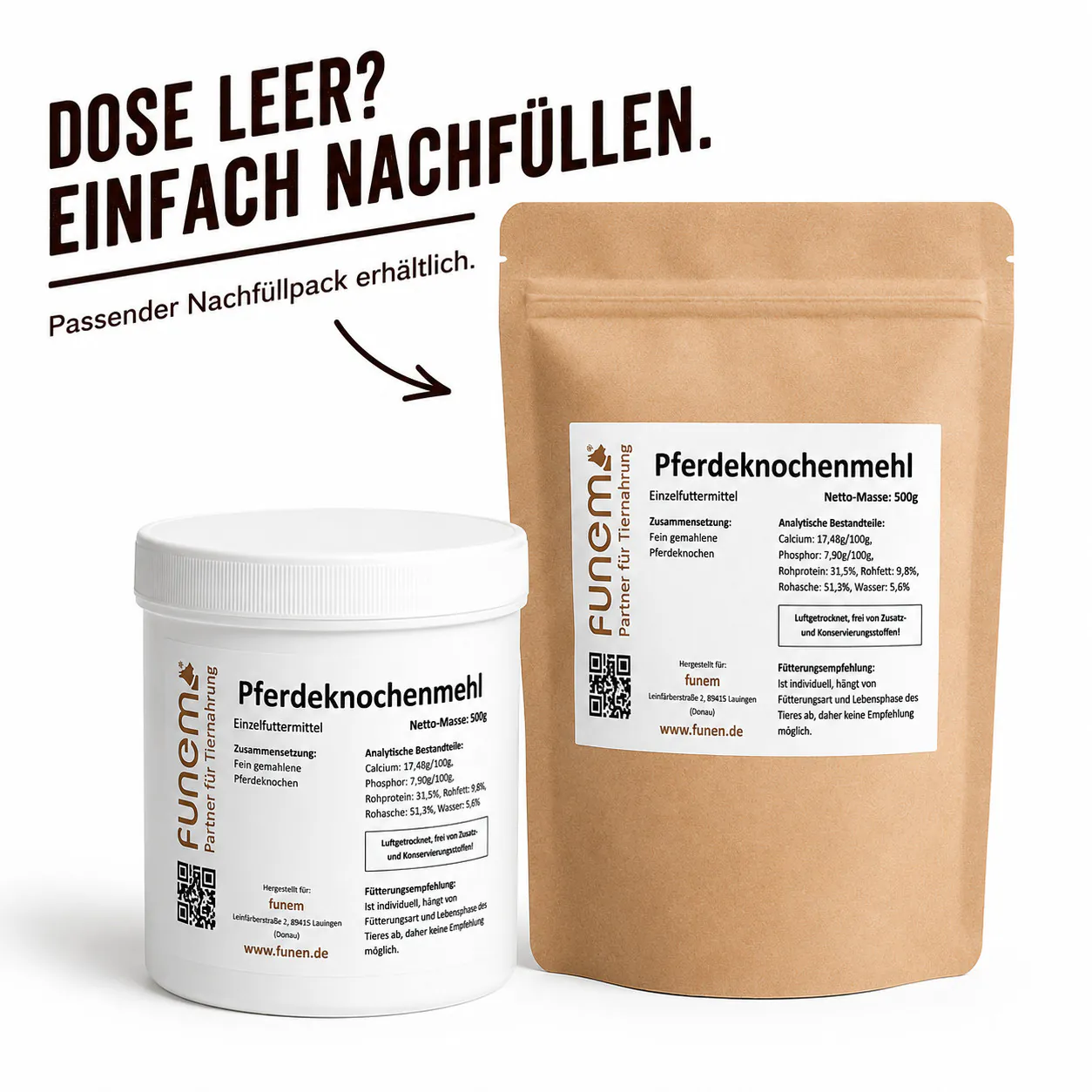 Pferdeknochenmehl von funem in der Vorratsdose mit passendem Nachfüllpack