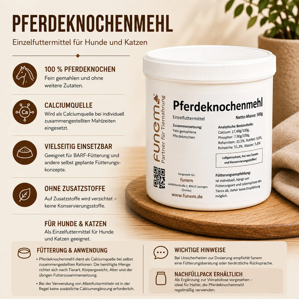 Pferdeknochenmehl von funem mit Informationen zu Zusammensetzung und Verwendung als Calciumquelle