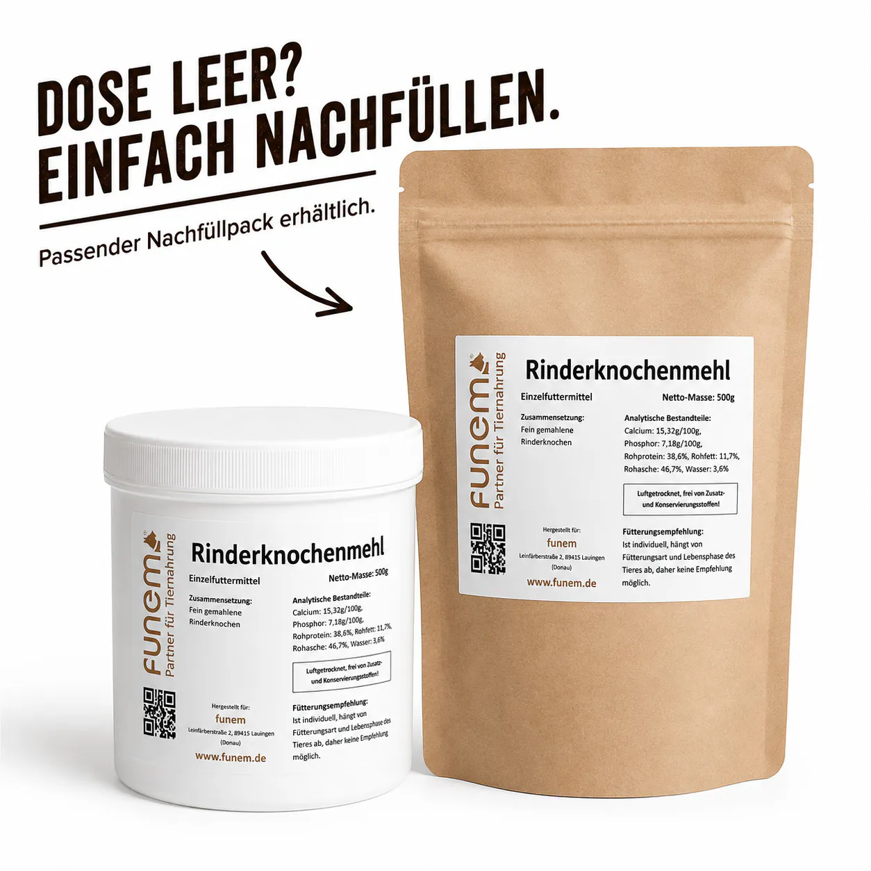 Rinderknochenmehl von funem in der Vorratsdose mit passendem Nachfüllpack