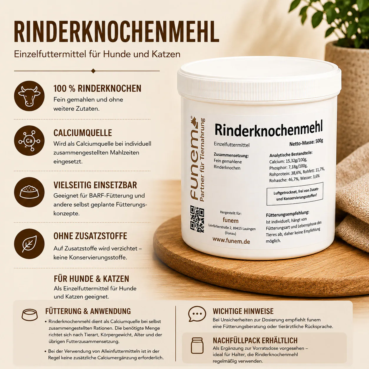 Rinderknochenmehl von funem mit Informationen zu Zusammensetzung und Verwendung als Calciumquelle